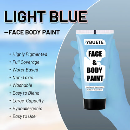Washable blue face painting cream being wiped clean with a wet cloth to showcase easy removal
