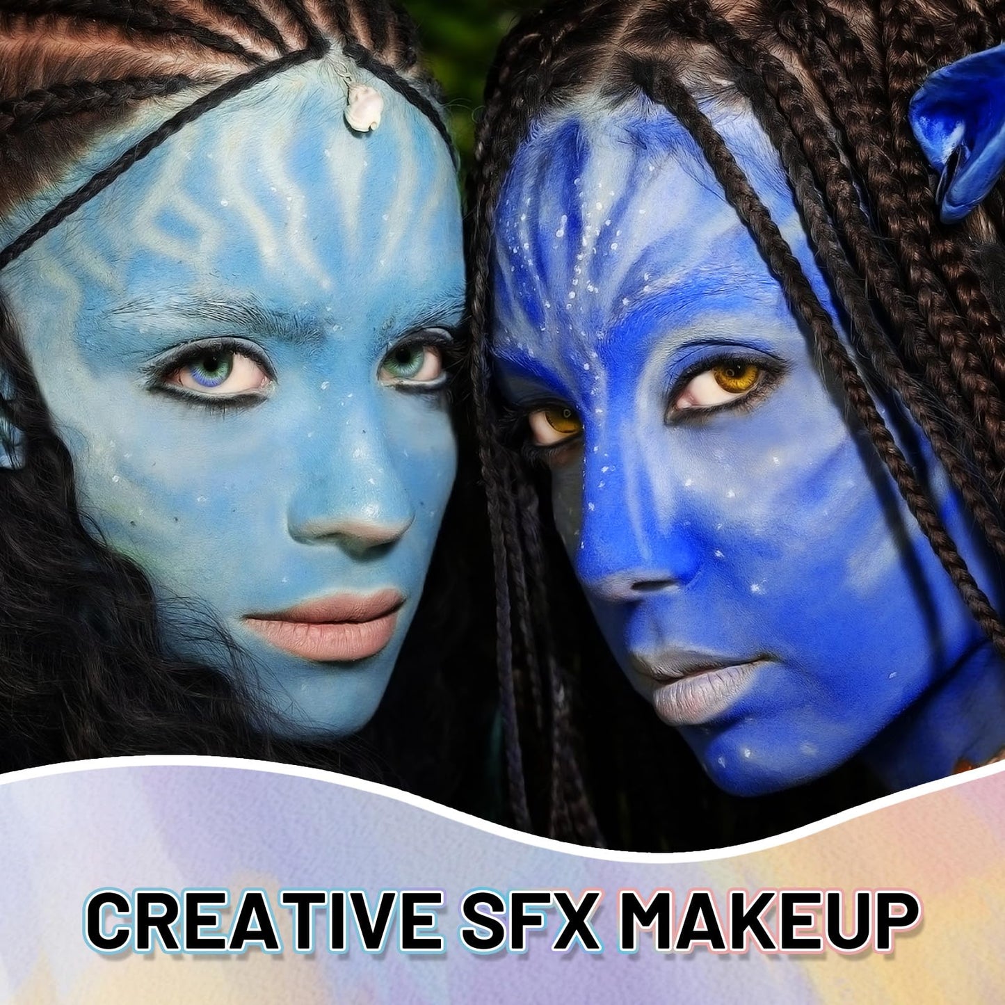 Large seventy milliliter tube of light blue special effects makeup next to cosmetic application brushes