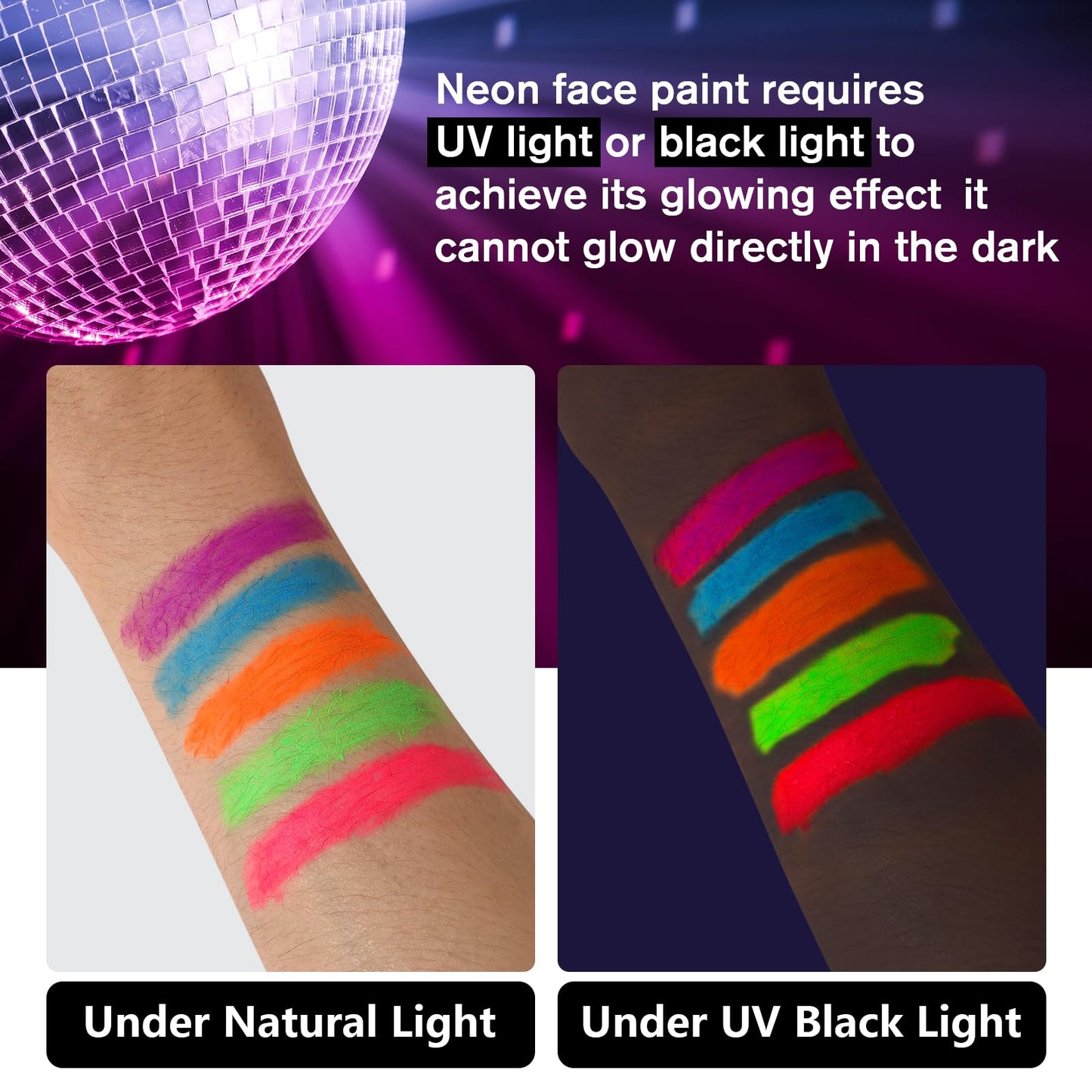 Neon fluorescent body paint sticks glowing brightly under an ultraviolet light source.