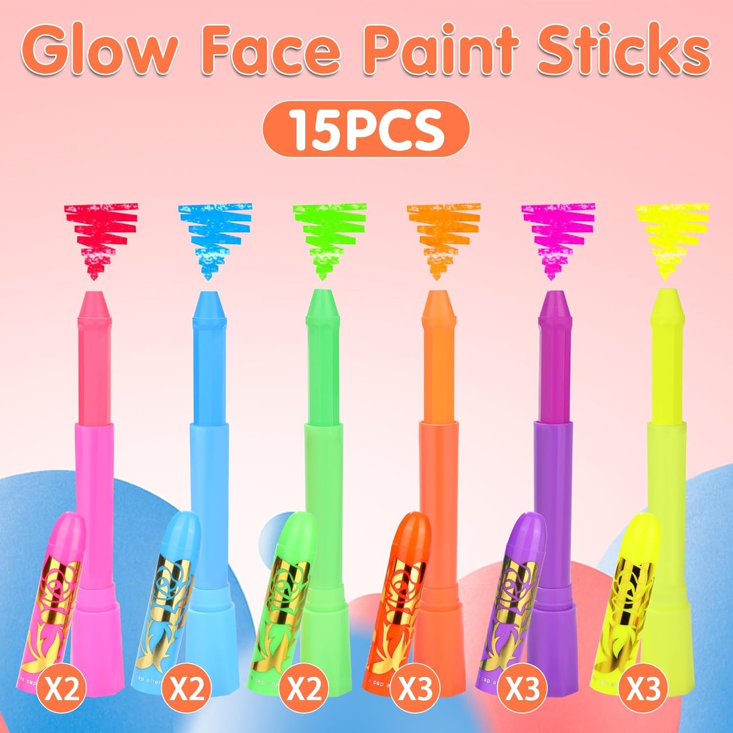 Vibrant packaging of the 15 piece party makeup kit highlighting the fluorescent colors in normal daylight.