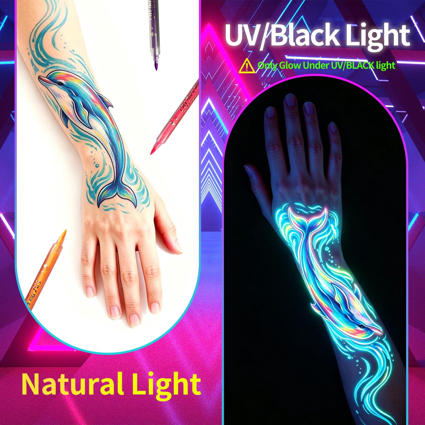 Colayerist body art pens swatched on skin under UV light