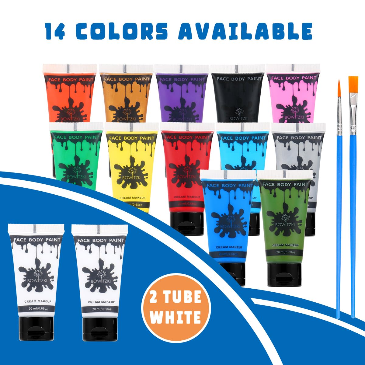 Bowitzki water based cream makeup tubes displayed with included application sponges for theatrical special effects.