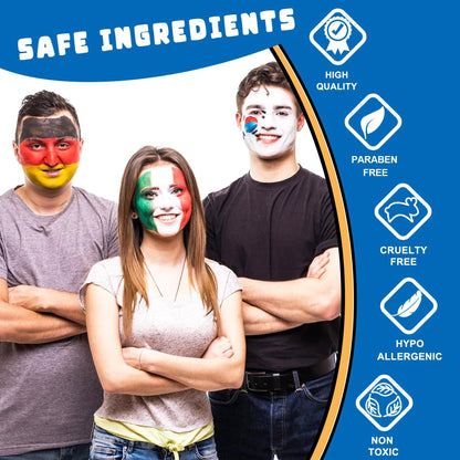Bowitzki hypoallergenic non toxic body paint kit packaging detailing safe ingredients for sensitive skin.