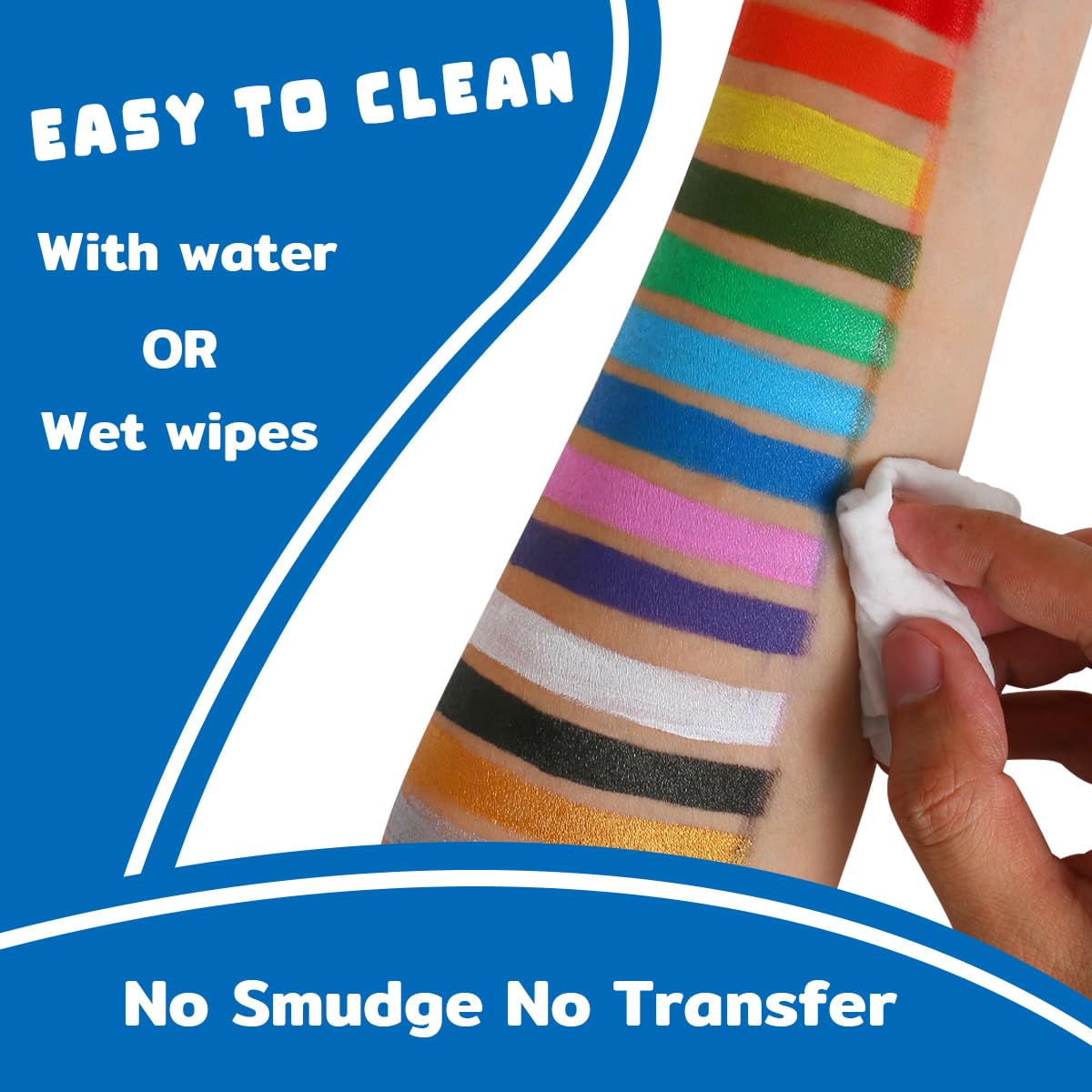 Two white tubes and twelve color tubes from the Bowitzki face painting set arranged with a flat brush.