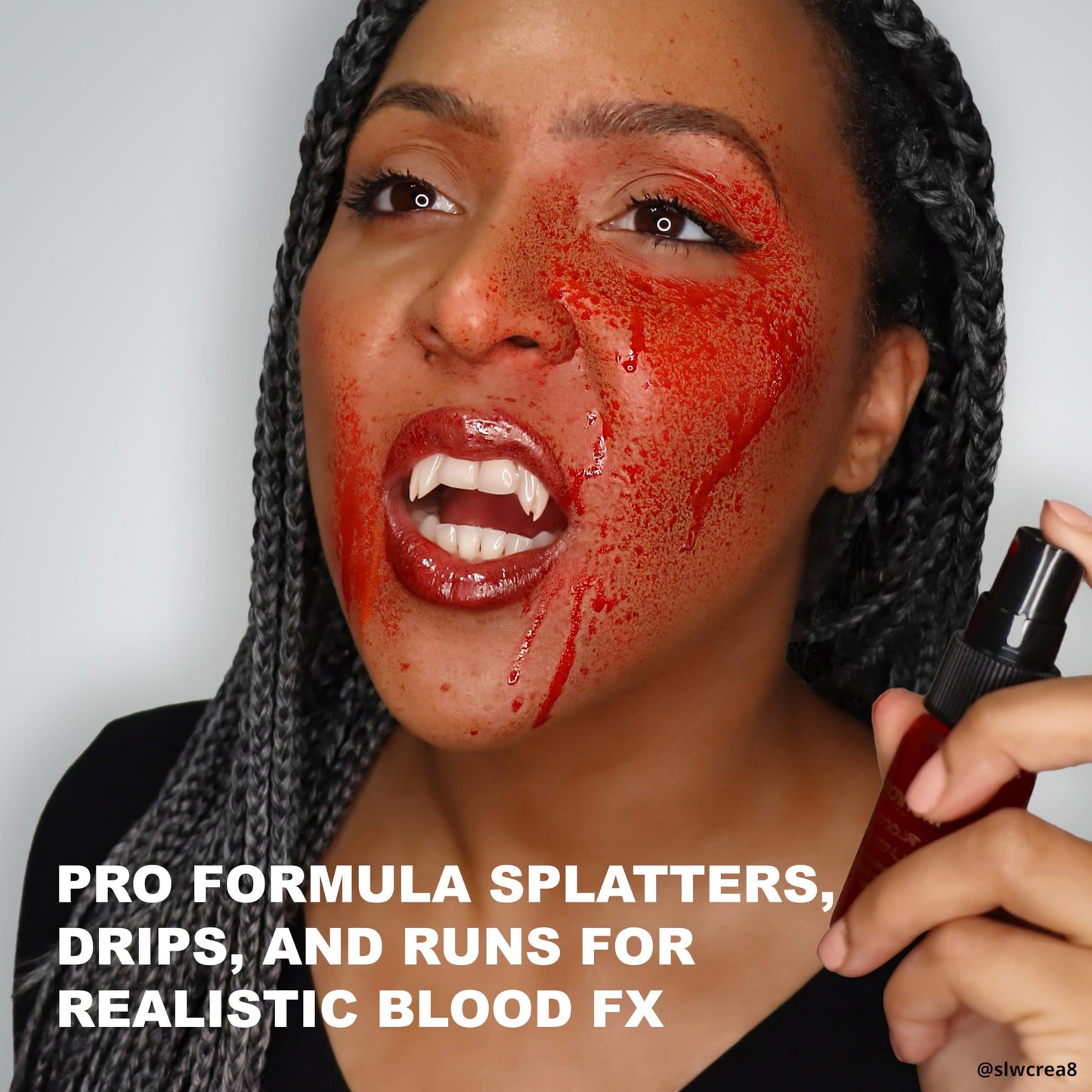 Mehron fake spray blood bottle showing thin fluid consistency