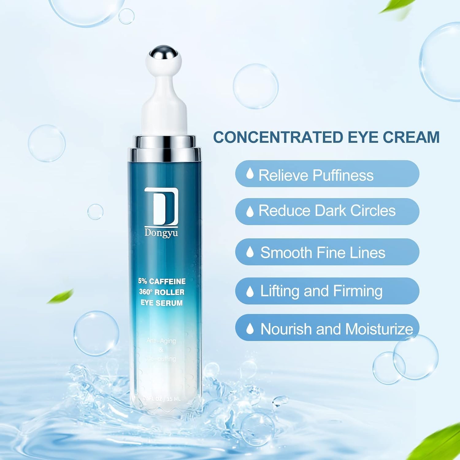 Close up of Dongyu eye serum metal roller applicator