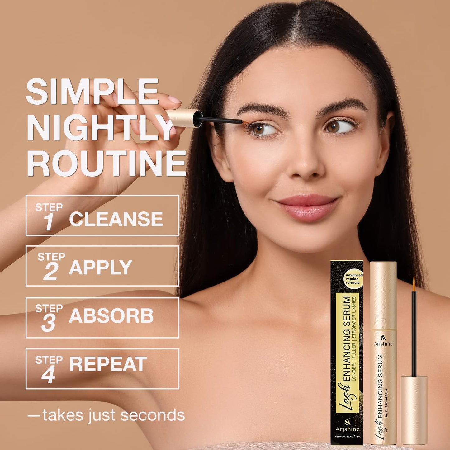 Lifestyle application of Arishine peptide serum on eyelashes