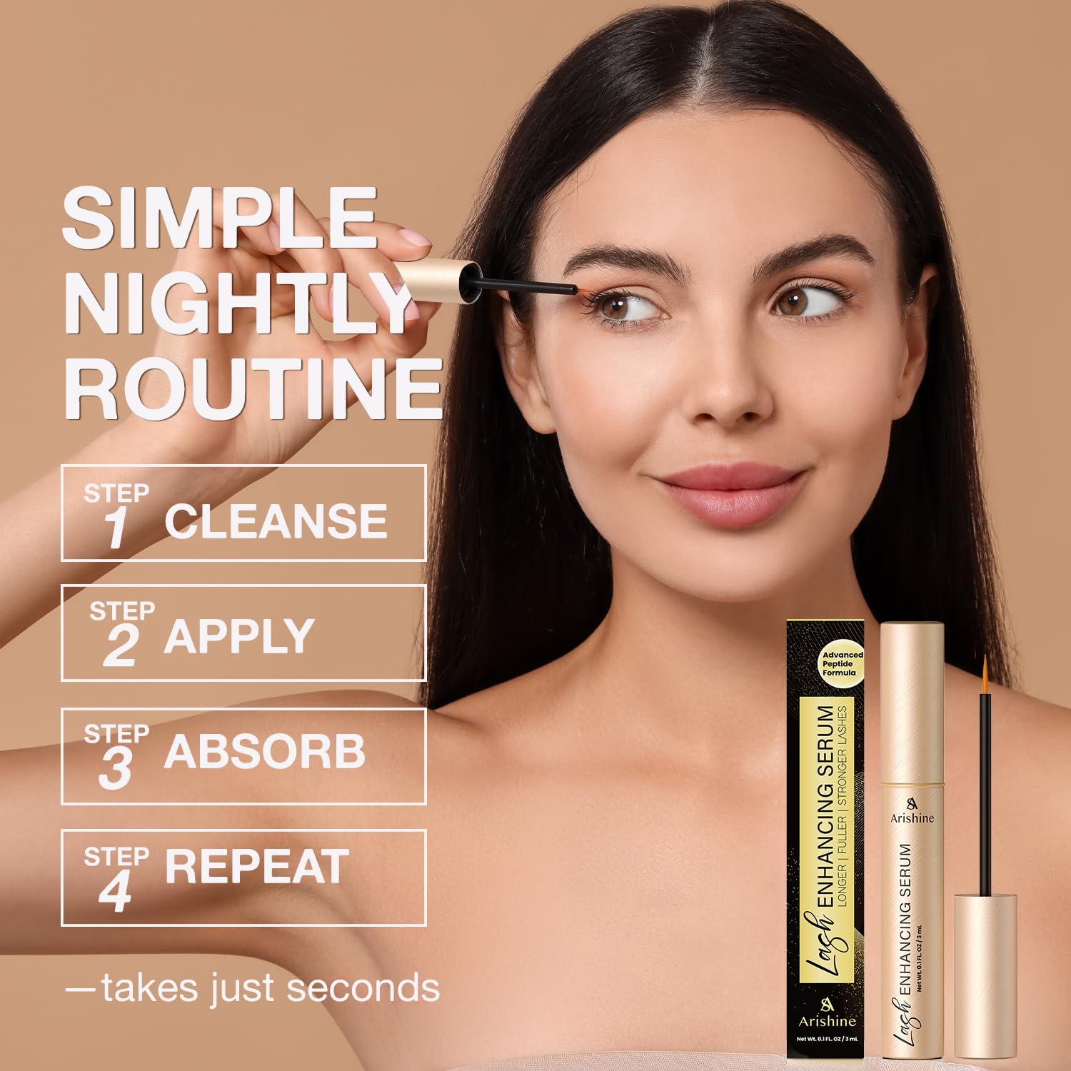 Lifestyle application of Arishine peptide serum on eyelashes