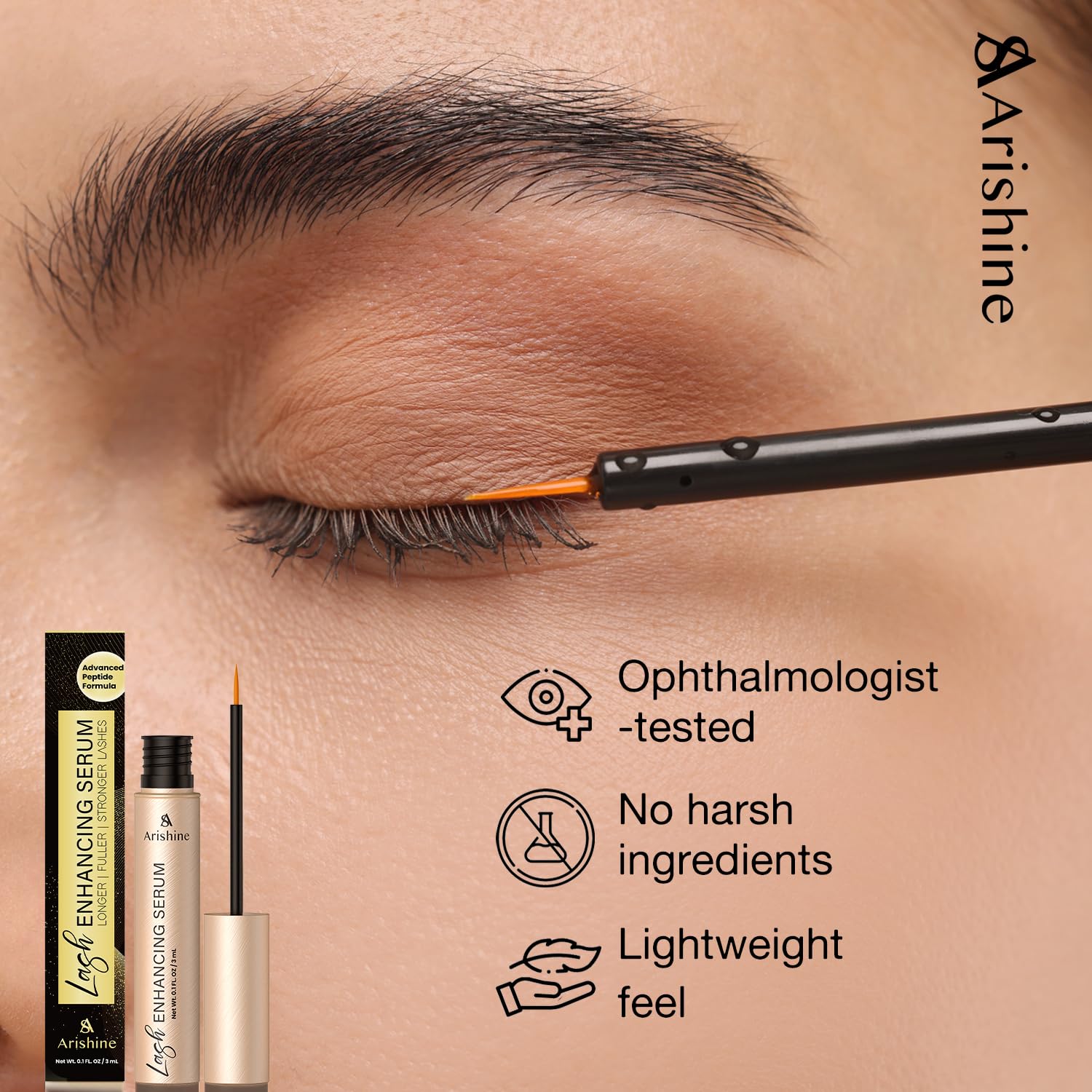 Detailed view of Arishine eyelash growth serum bottle and box