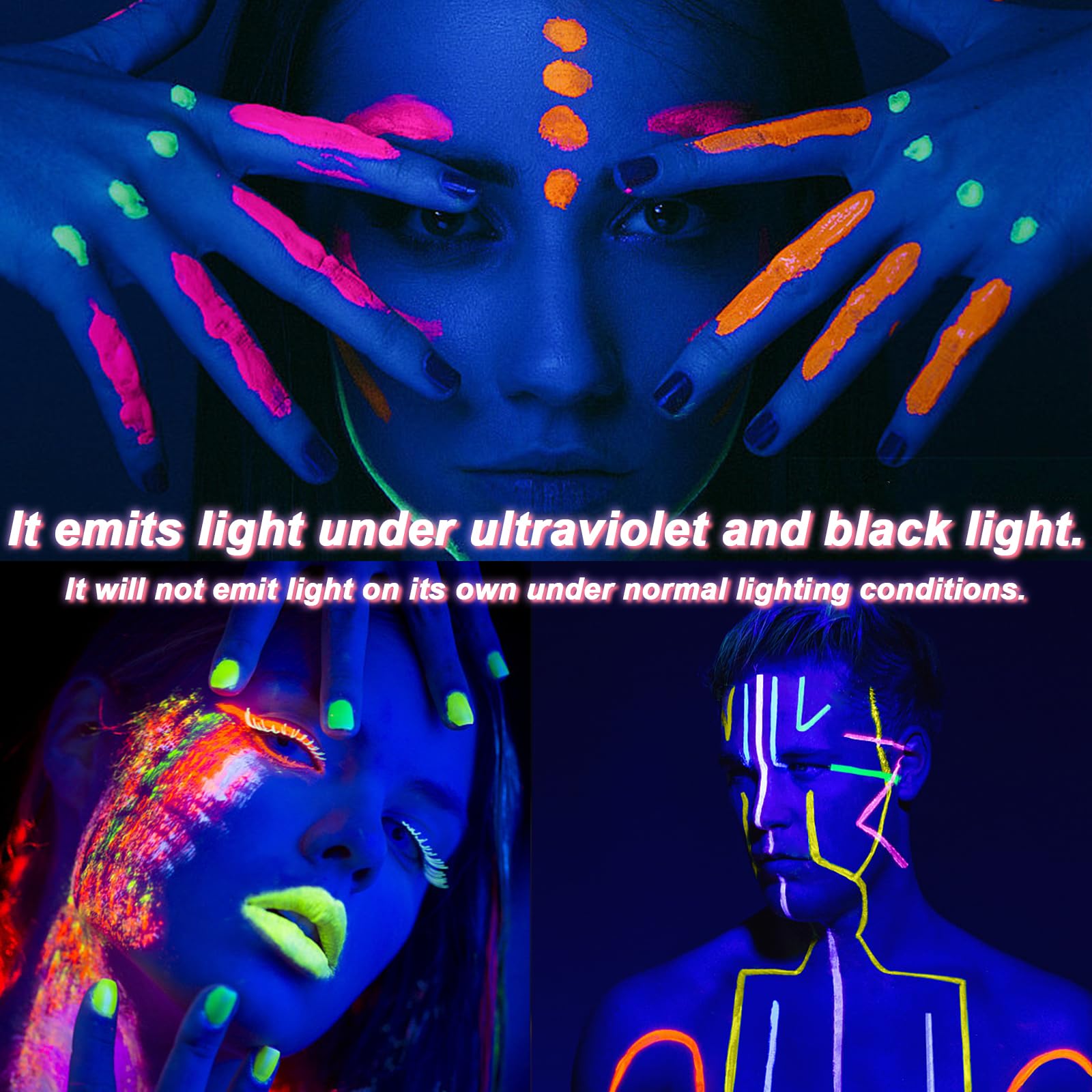 Fluorescent UV black light reactive body paint sticks applied on skin creating glowing neon patterns