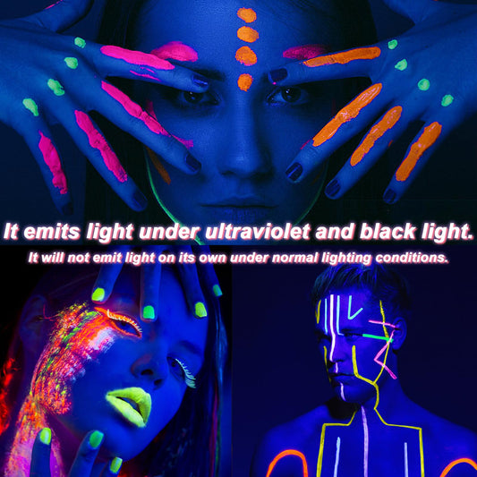 Fluorescent UV black light reactive body paint sticks applied on skin creating glowing neon patterns