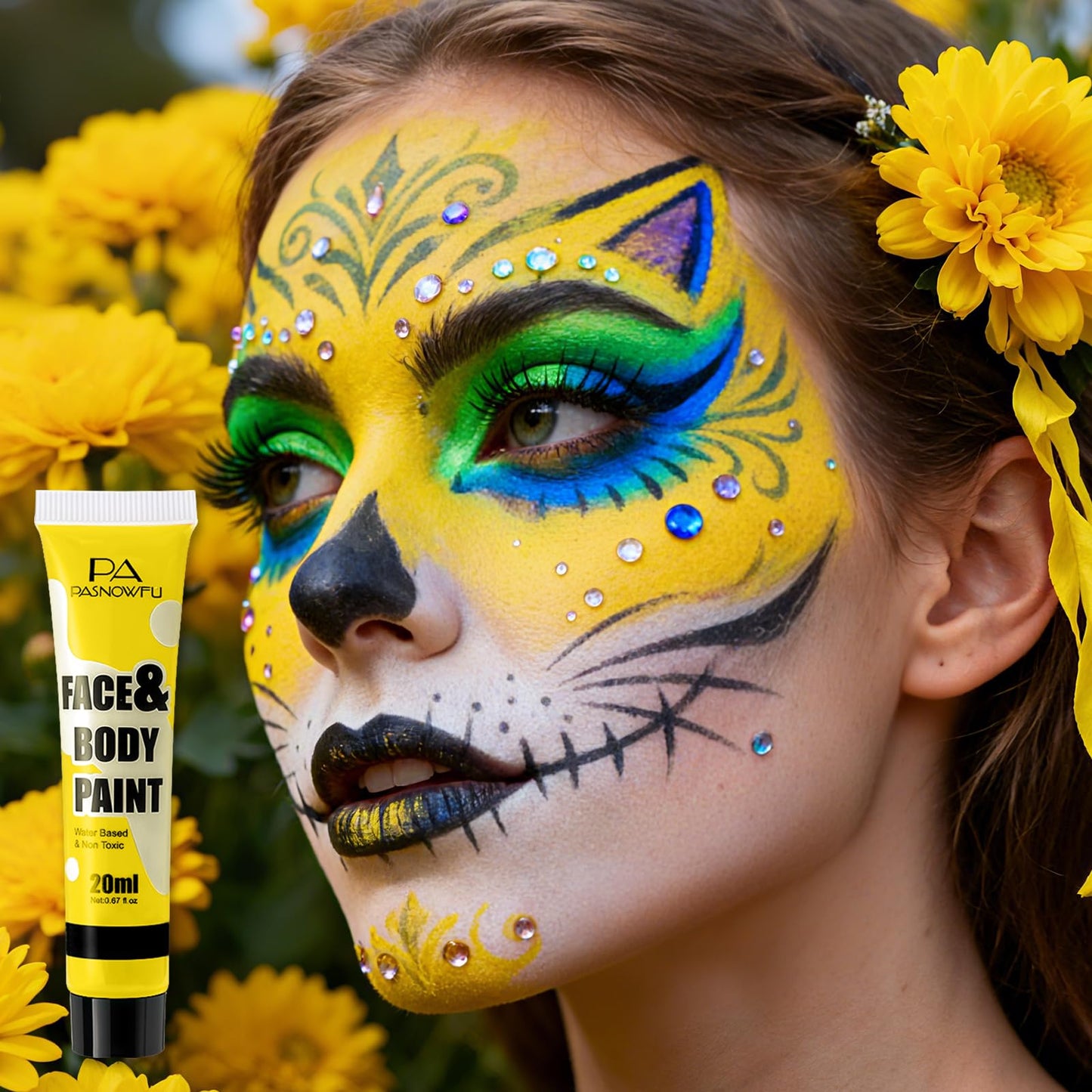 Close up of yellow face paint texture and cream consistency