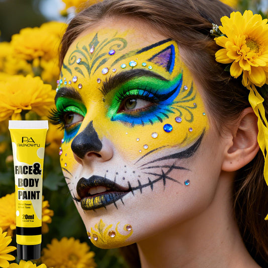 Close up of yellow face paint texture and cream consistency