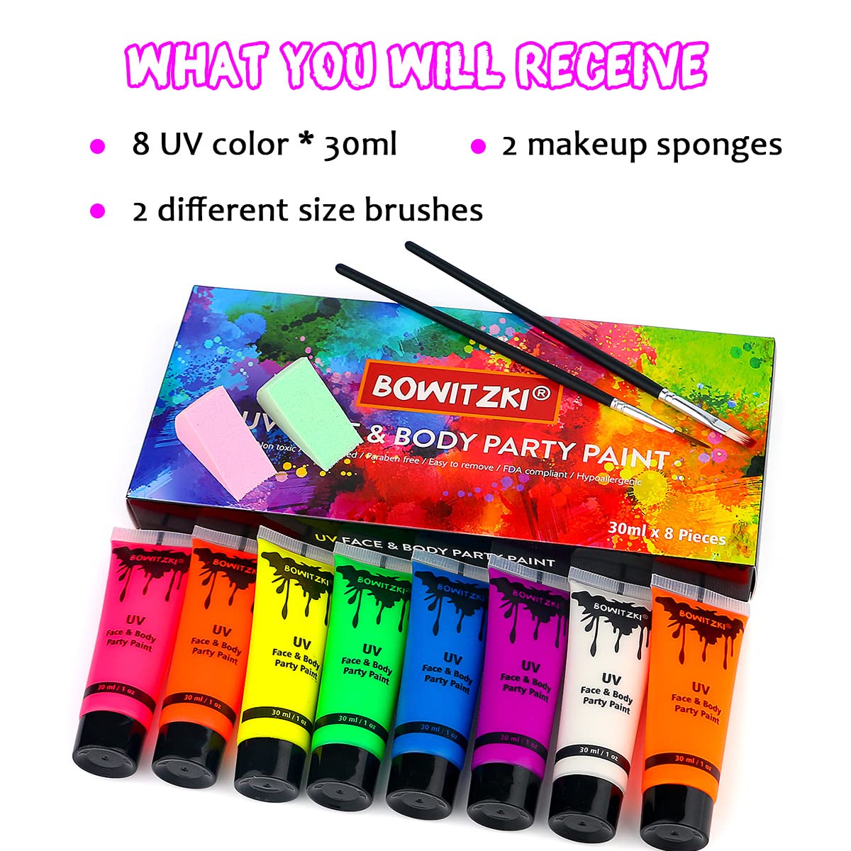 Water based ultraviolet reactive makeup packaging close up highlighting the skin friendly formula indicators