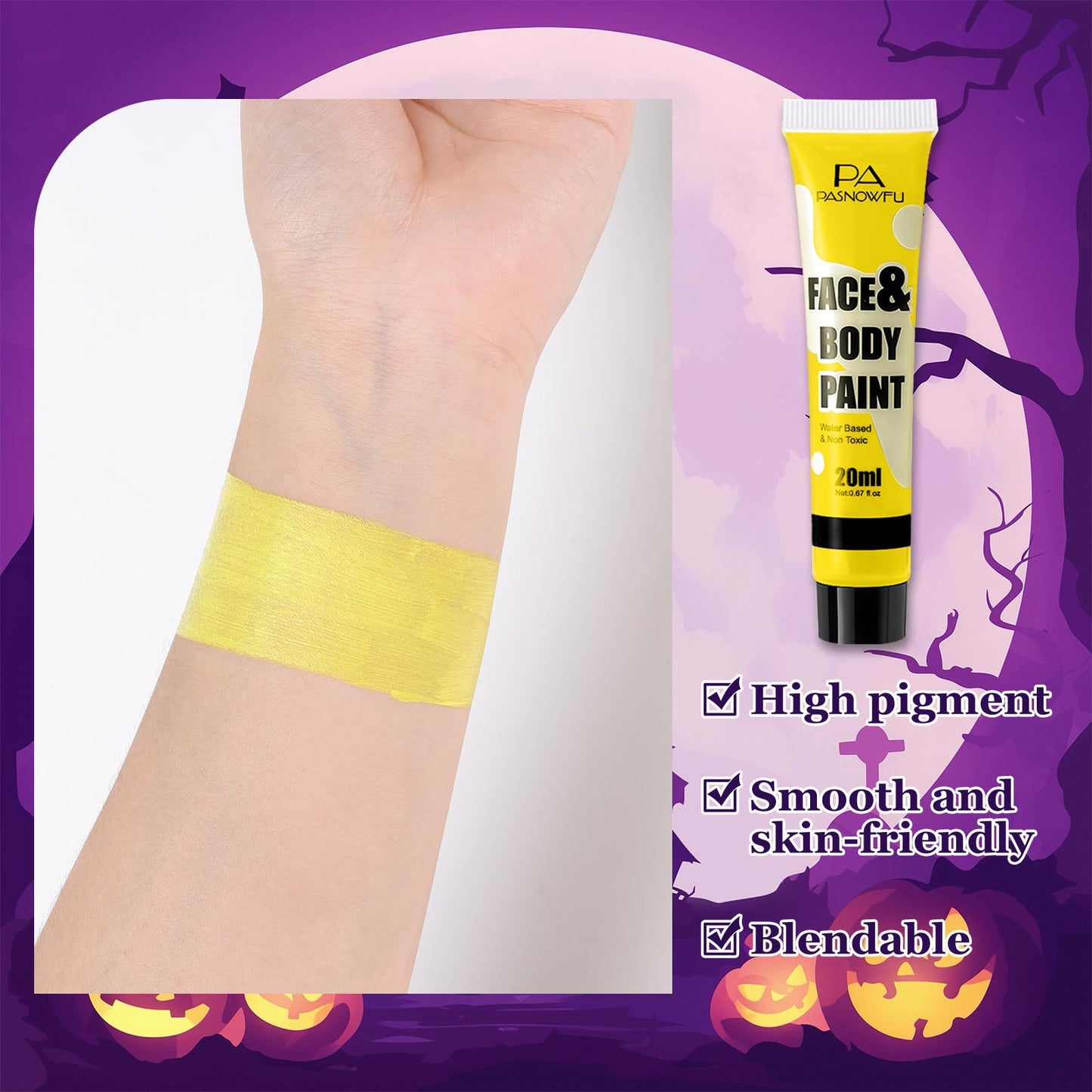 Model wearing yellow face and body paint for creative cosplay