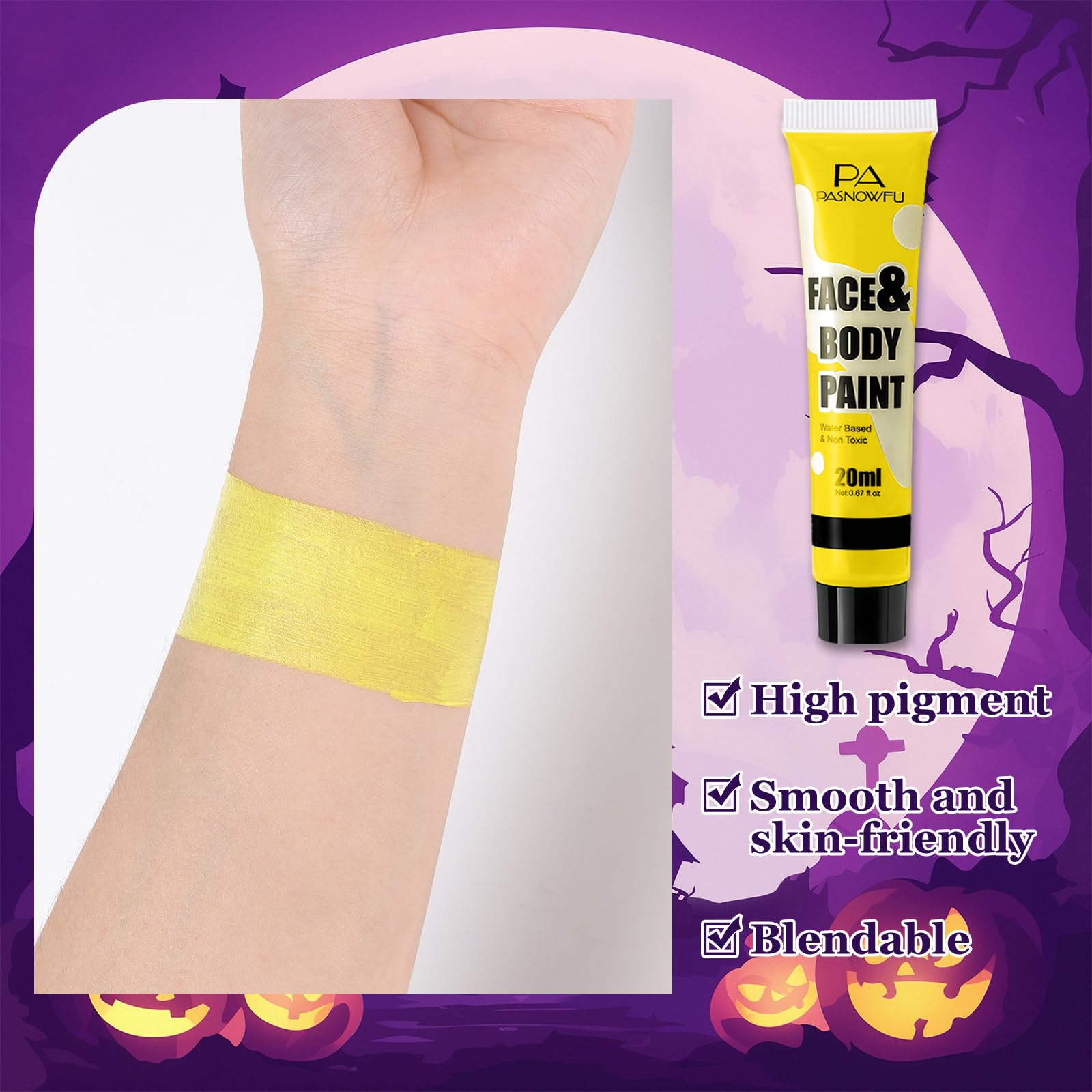 Model wearing yellow face and body paint for creative cosplay
