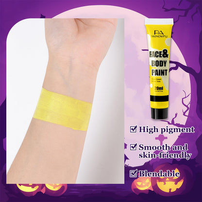 Model wearing yellow face and body paint for creative cosplay