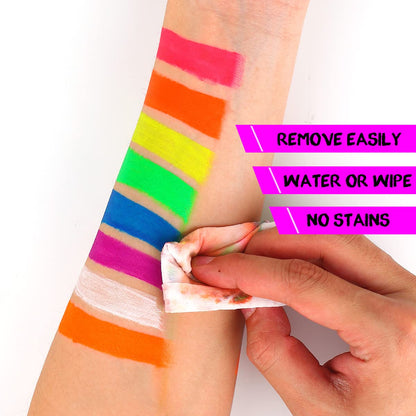 Complete set of eight fluorescent body paints with blending accessories for festive event preparation