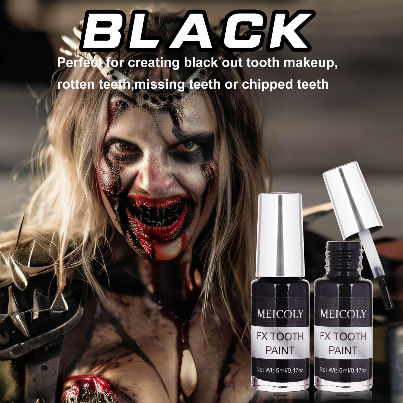 Cosplay tooth blackout liquid bottle with applicator brush showing text details