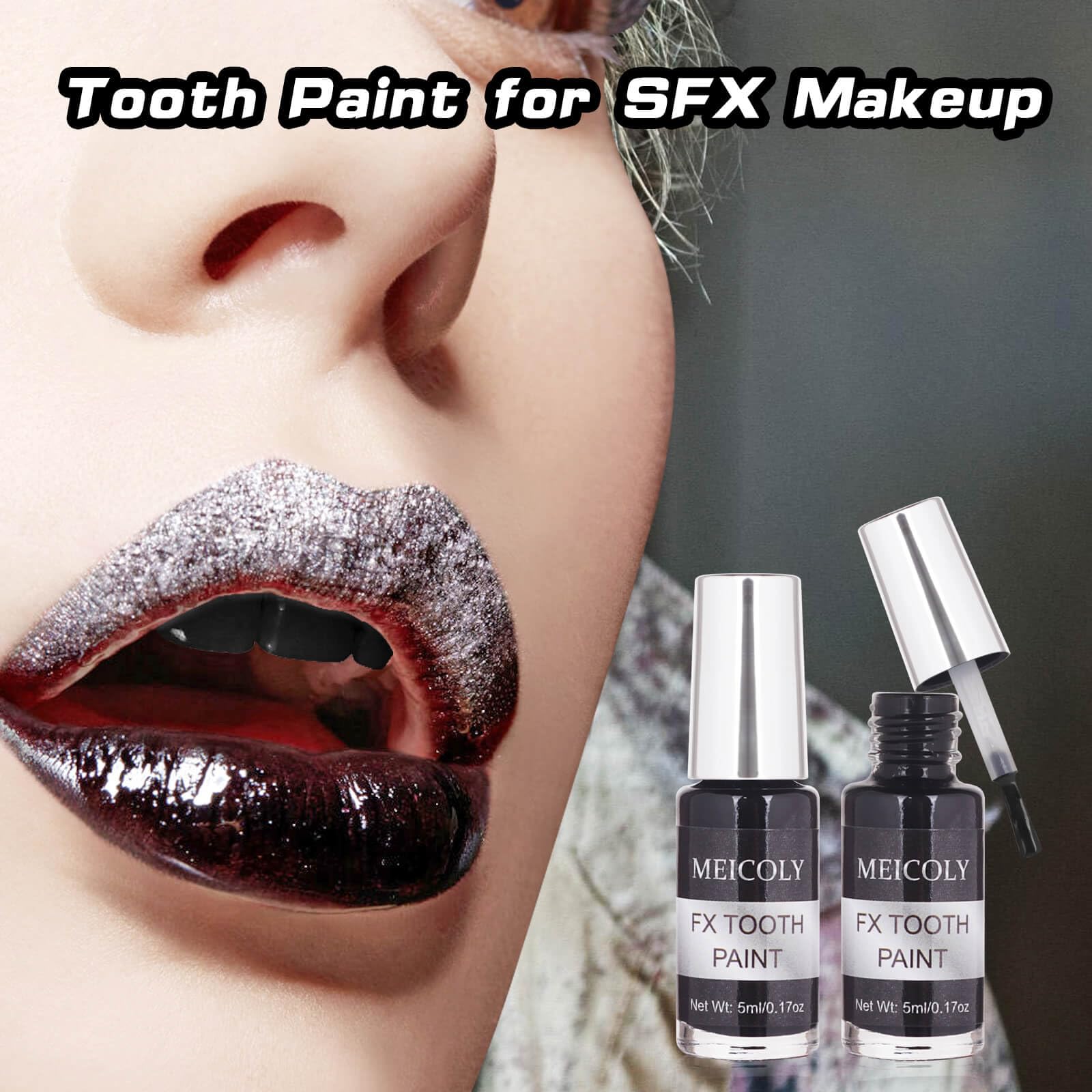 Temporary black teeth makeup product bottle on a clean white backdrop