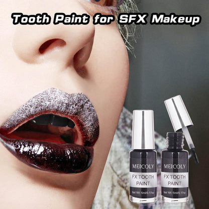 Temporary black teeth makeup product bottle on a clean white backdrop
