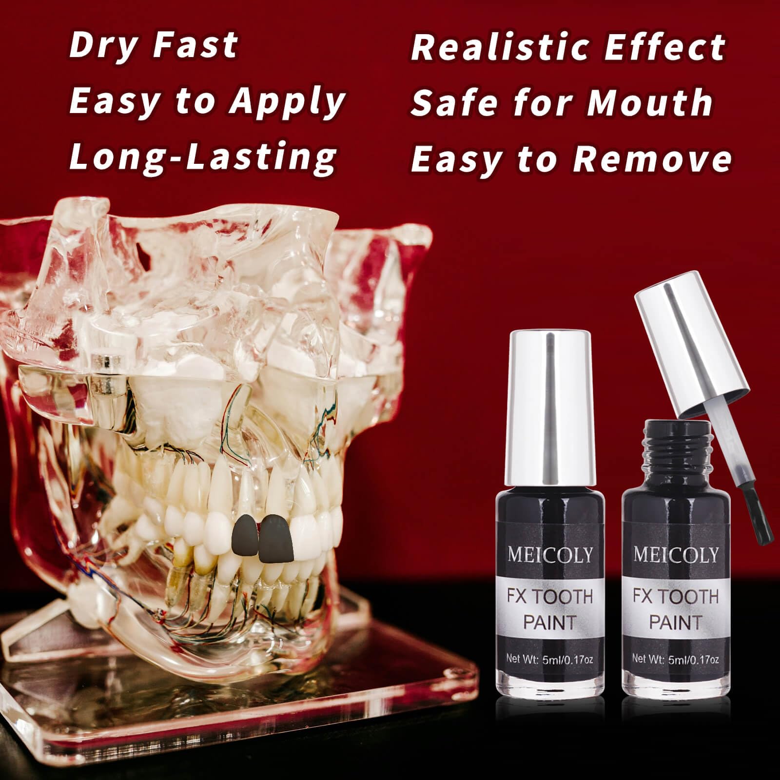 Halloween zombie cosmetic liquid bottle highlighting the quick dry formula labels
