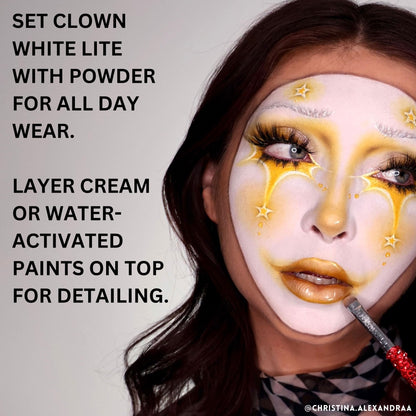 Mehron Clown White Lite open container showing smooth product consistency