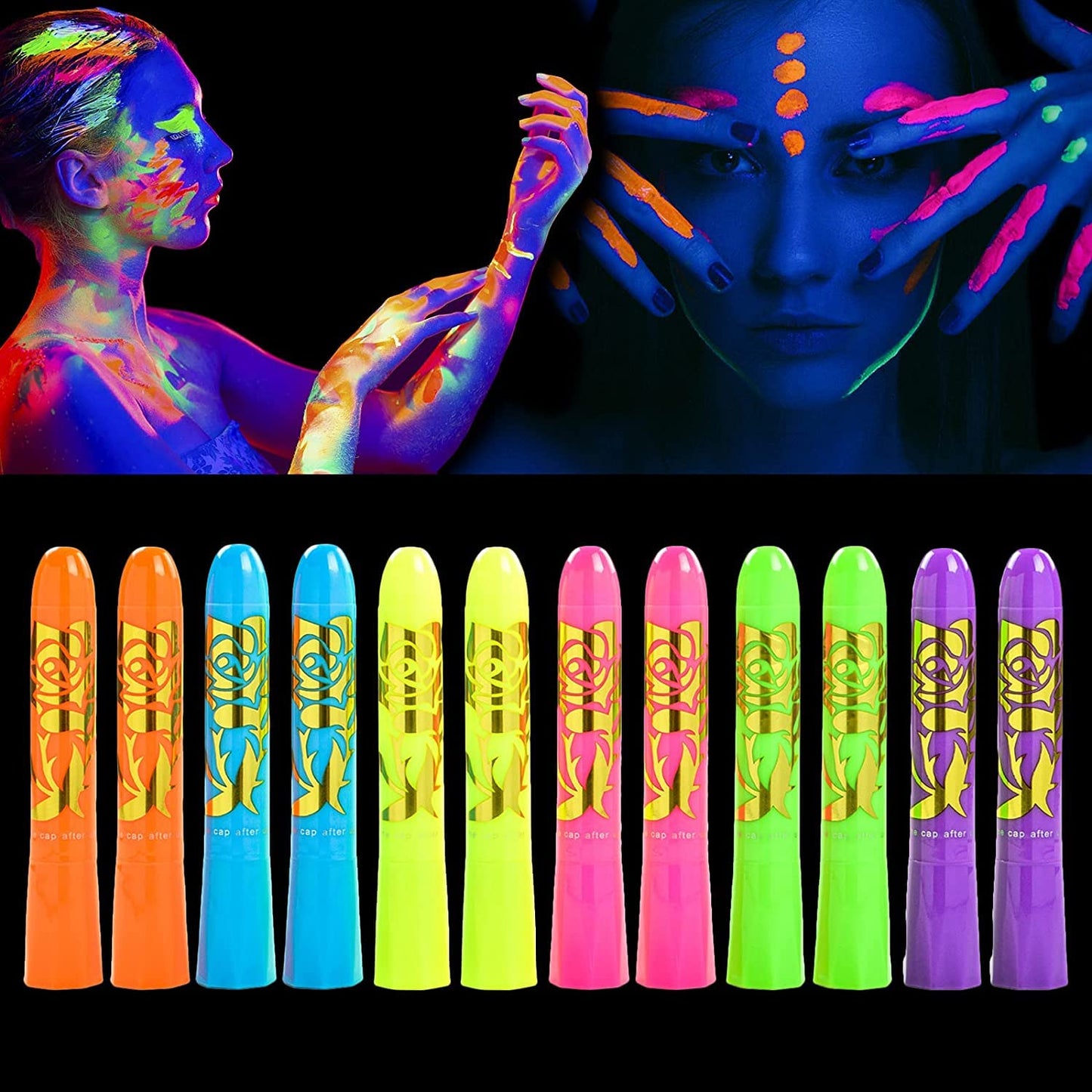 Twistable neon body paint sticks demonstrating the dual effect in daylight and under UV black light