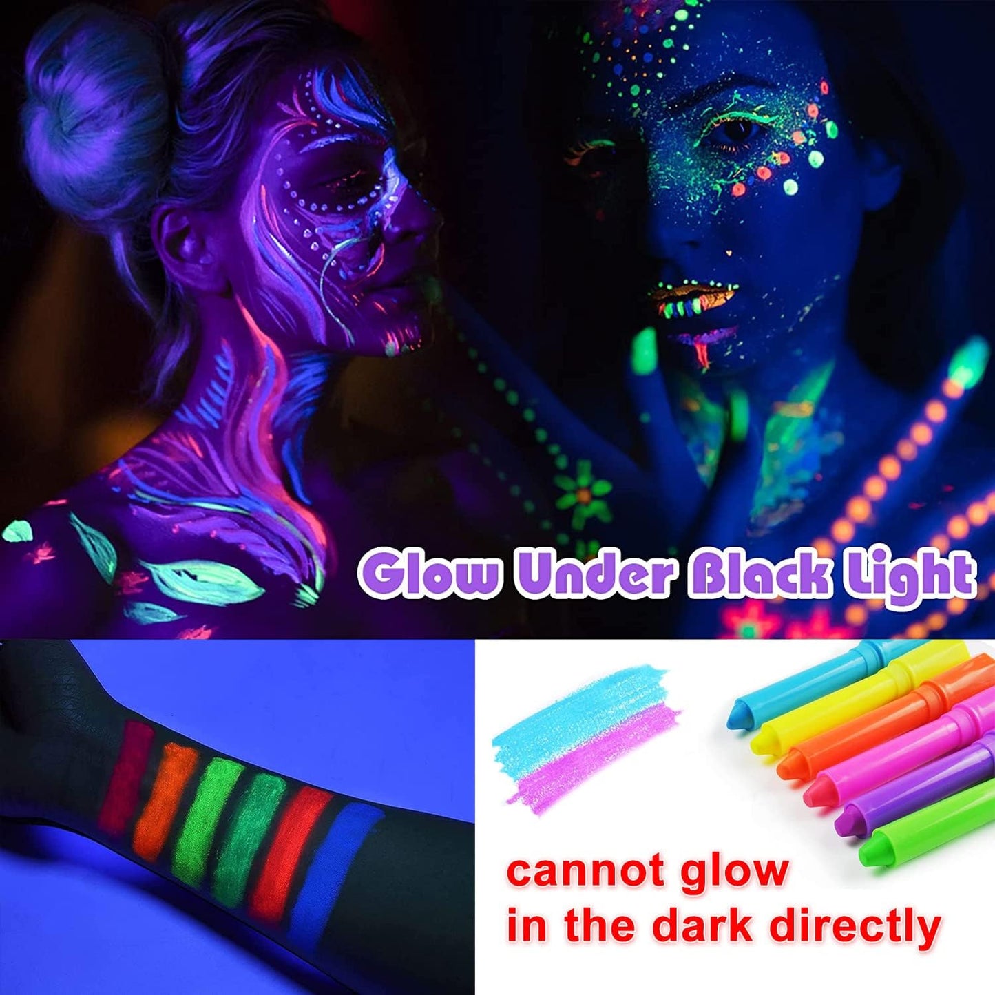 Safe and non toxic fluorescent face painting pens being applied smoothly on skin