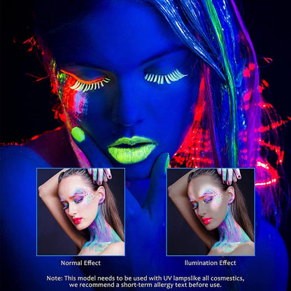 Compact and portable twelve piece UV makeup kit highlighting the extendable crayon tips