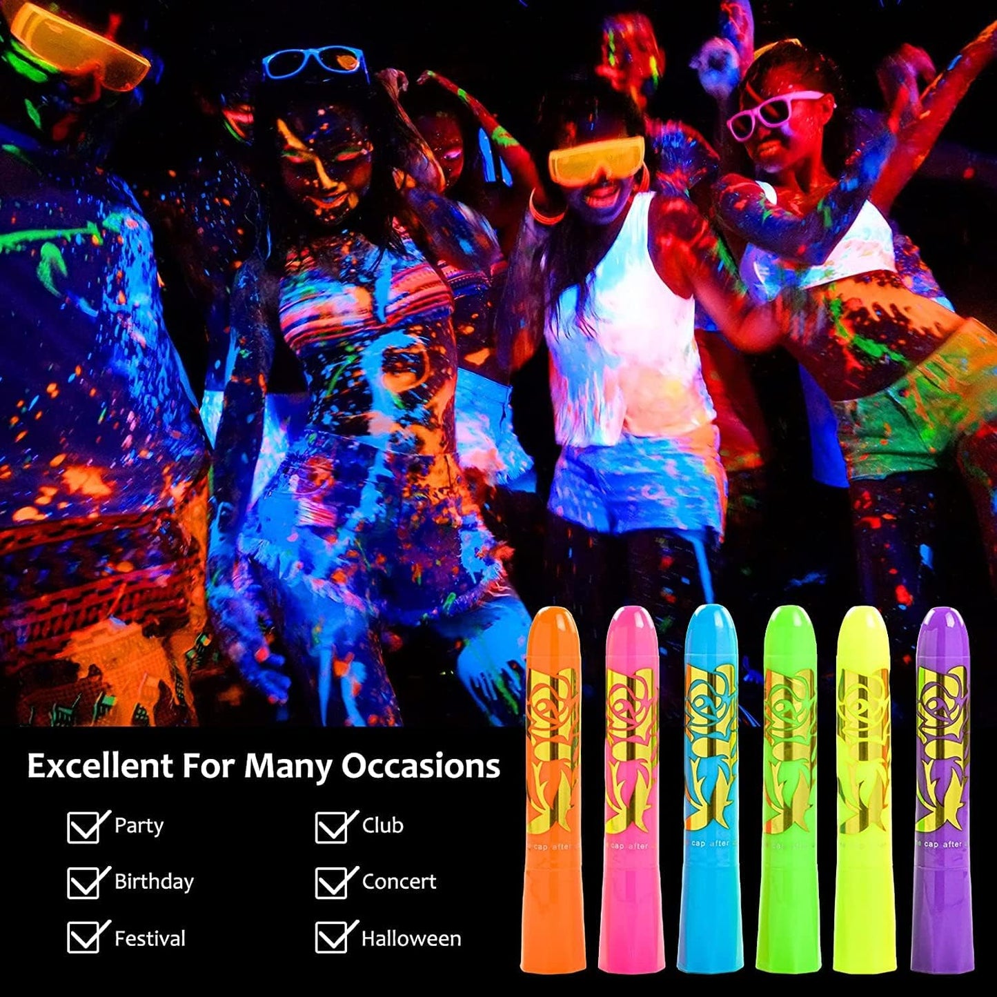 Vibrant neon pink orange yellow green and blue body art sticks for festival makeup
