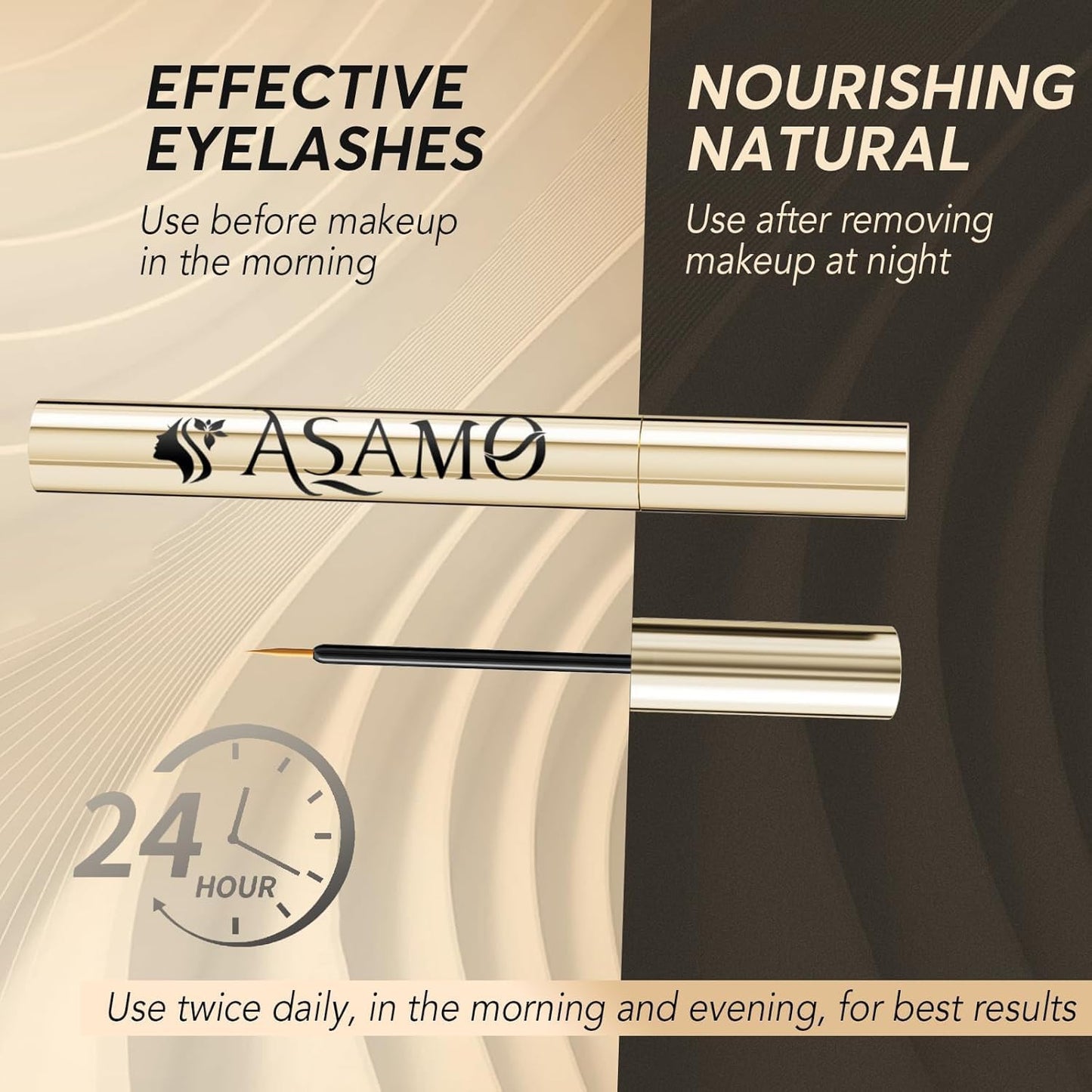 Asamo Eyelash Growth Serum side profile of golden bottle