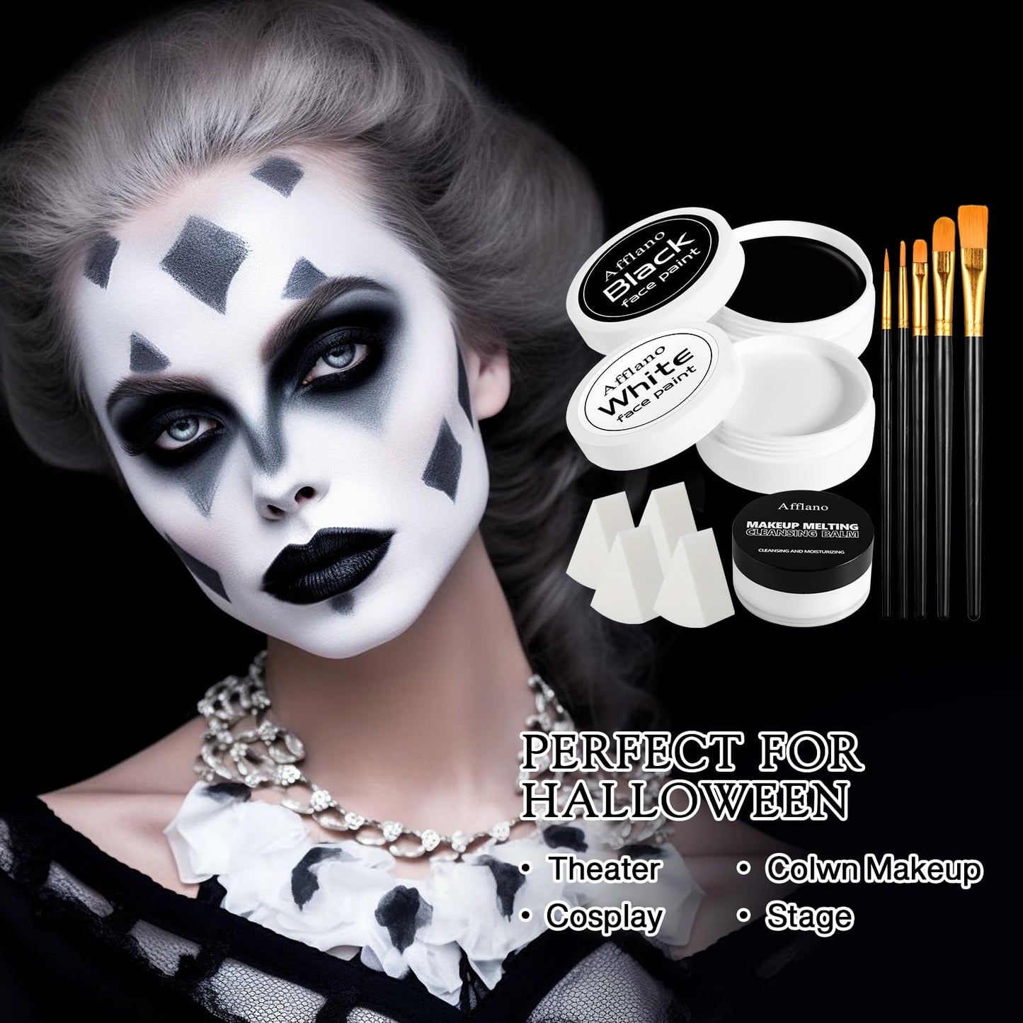 Close up of 50 gram black and white grease paint jars