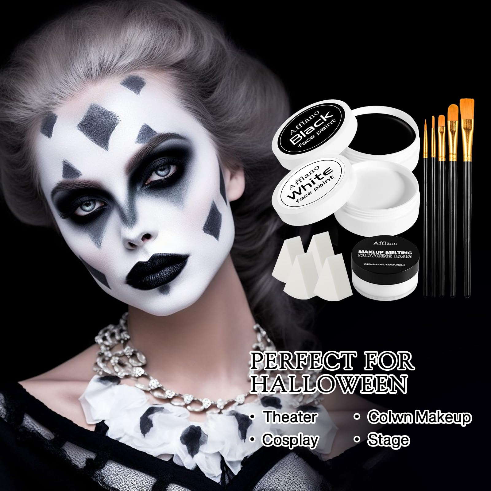 Close up of 50 gram black and white grease paint jars