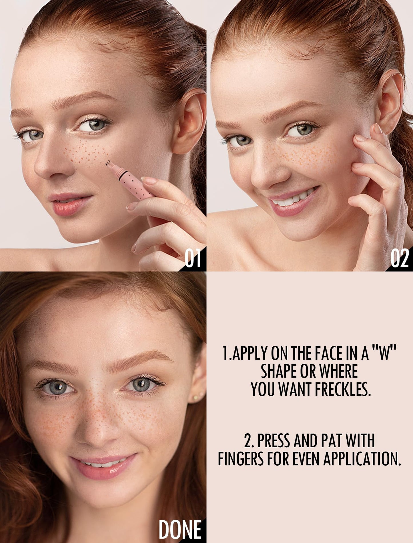 Natural sun-kissed makeup look demonstrated on cheeks using the Light shade freckle pen.