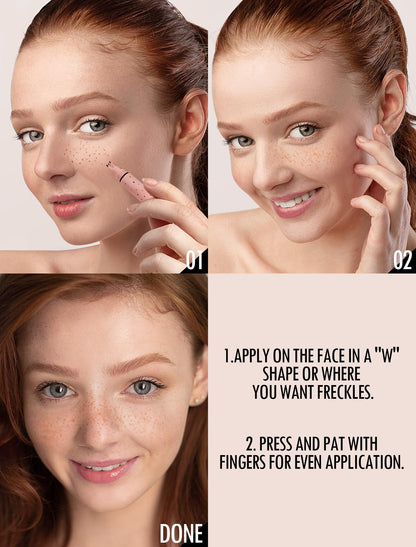 Natural sun-kissed makeup look demonstrated on cheeks using the Light shade freckle pen.