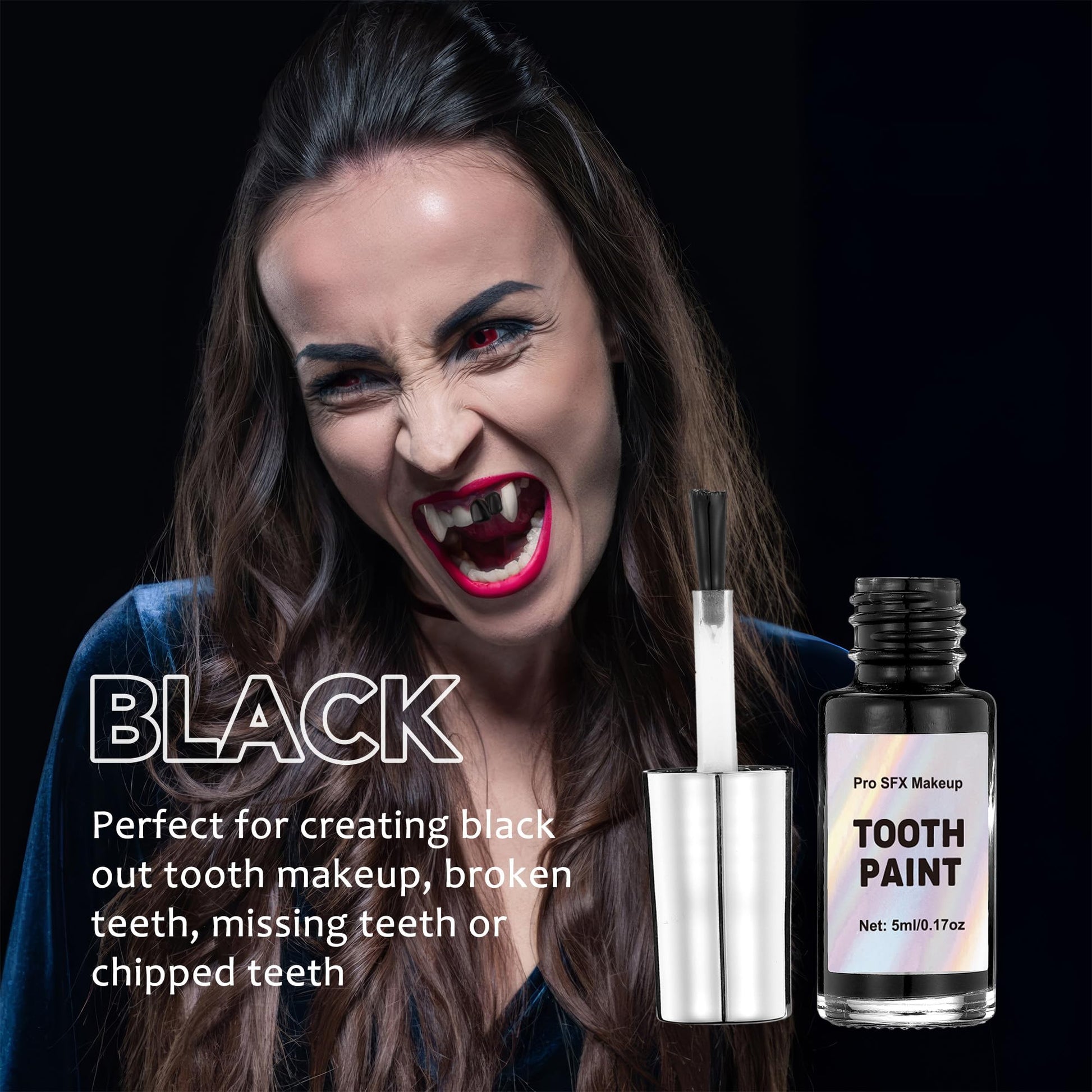 Temporary black out teeth paint liquid formula with applicator brush