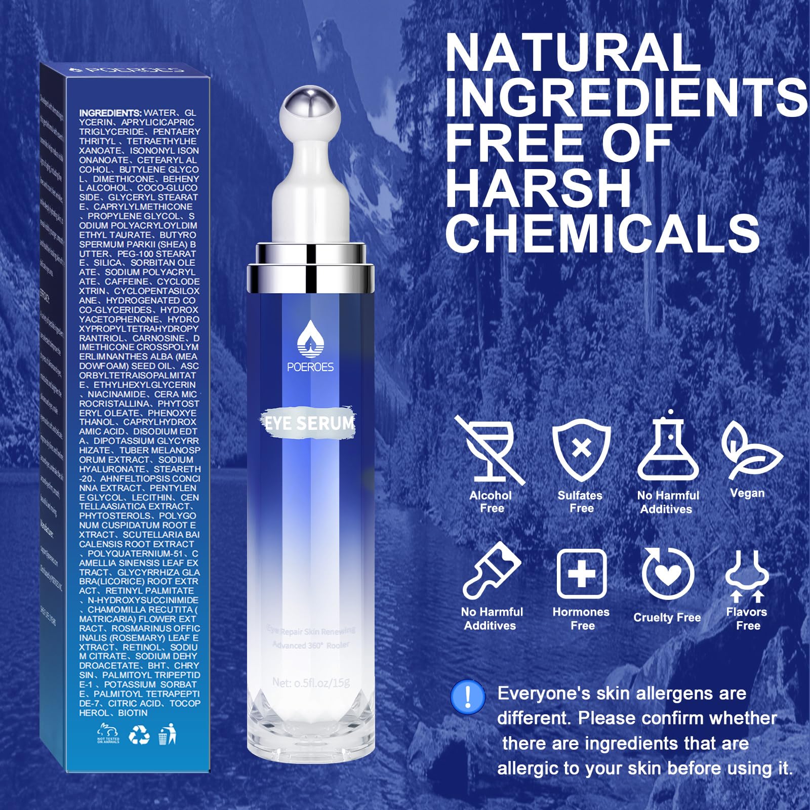 Poeroes eye serum packaging detailing caffeine and retinol ingredients