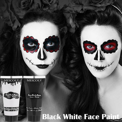 Clown white and midnight black body paint cream demonstrating high contrast application opacity