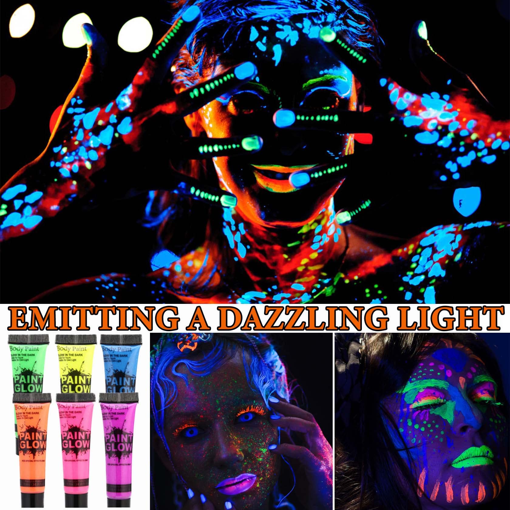 Six tubes of washable UV blacklight reactive neon makeup arranged neatly on a flat surface