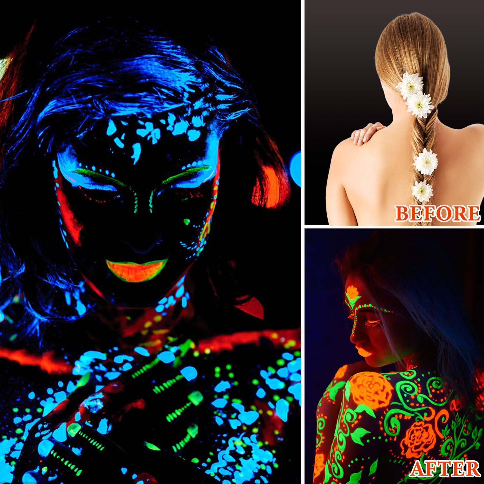 Water based fluorescent body paint demonstrating quick drying application on skin