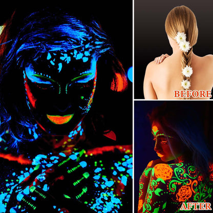 Water based fluorescent body paint demonstrating quick drying application on skin