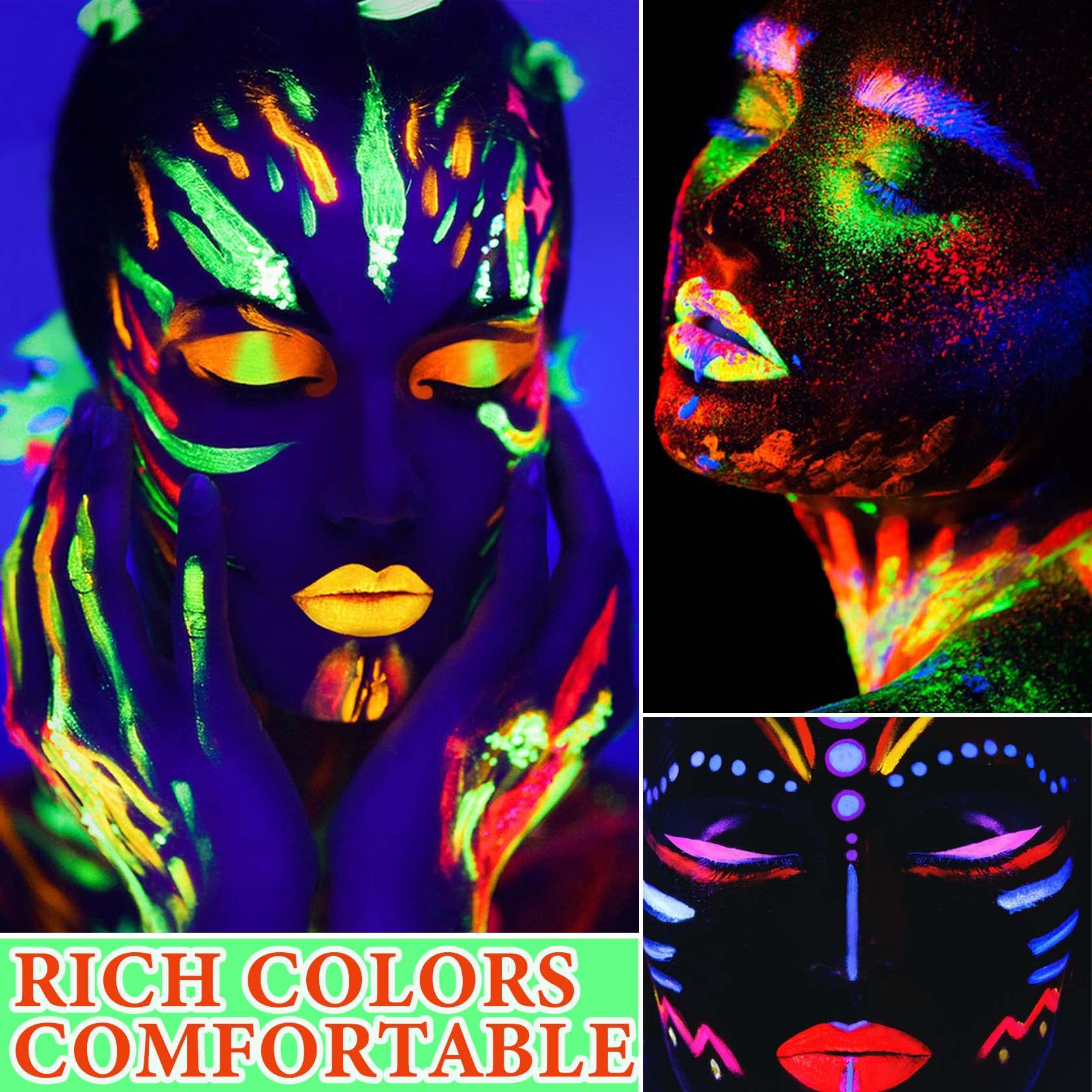 Neon face painting kit showing vivid orange blue and green shades under ultraviolet light