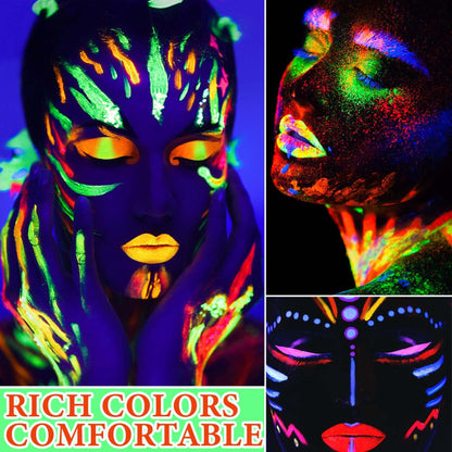 Neon face painting kit showing vivid orange blue and green shades under ultraviolet light