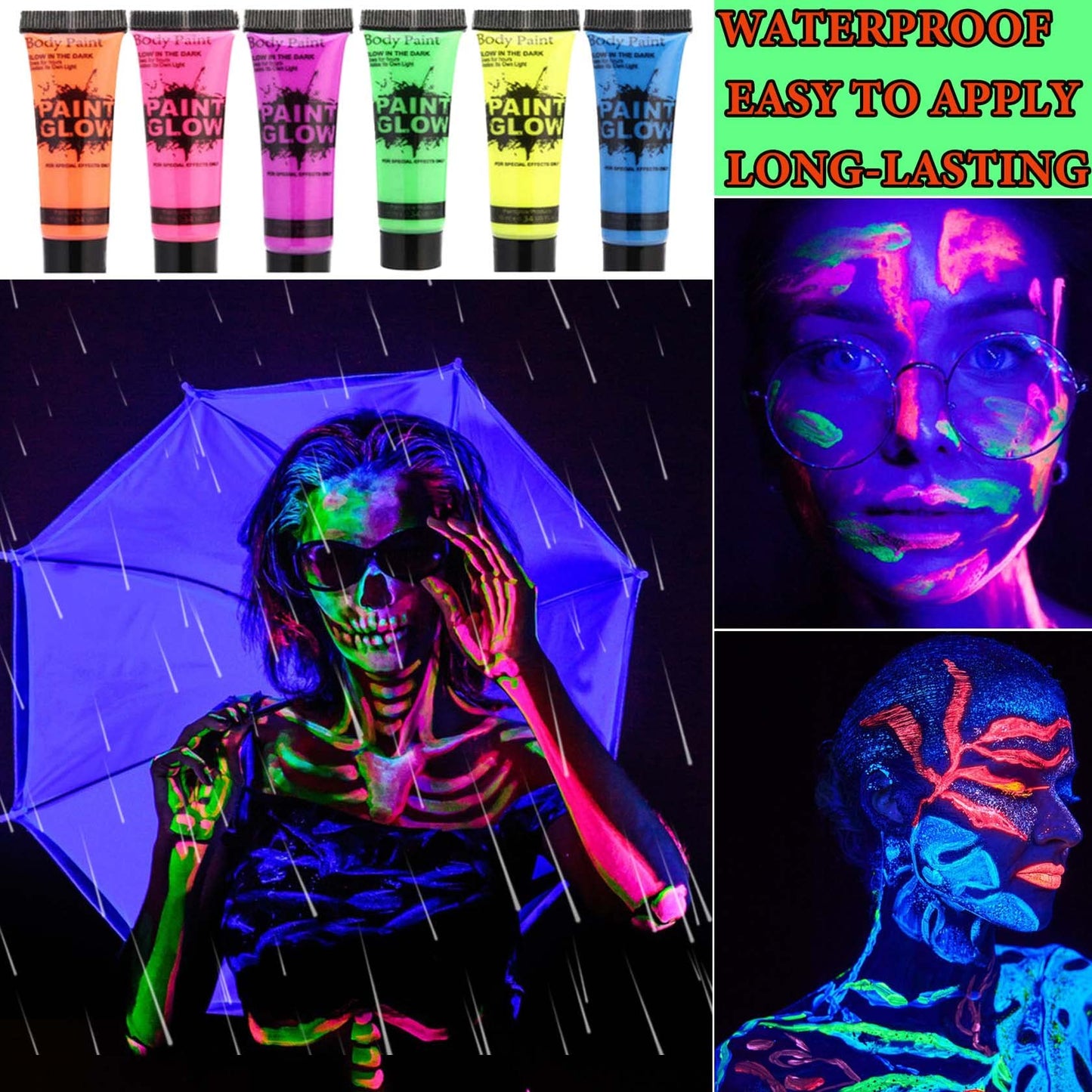 Gentle skin friendly party face paint tubes displaying product size and usage information