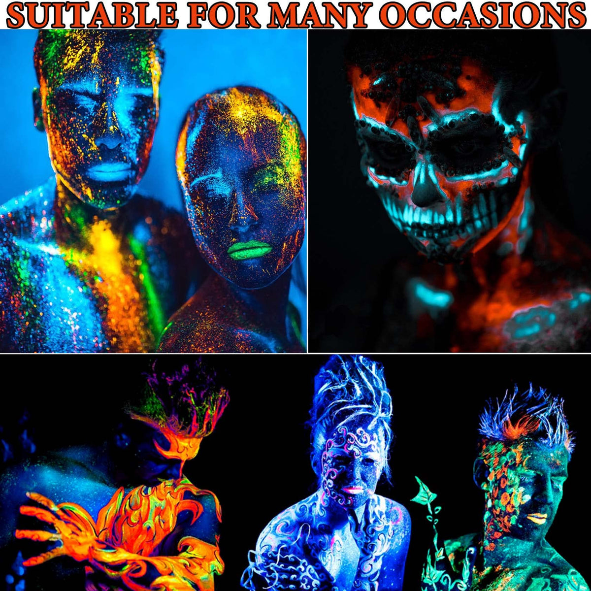 Creative festival face painting design created using the multi color neon kit