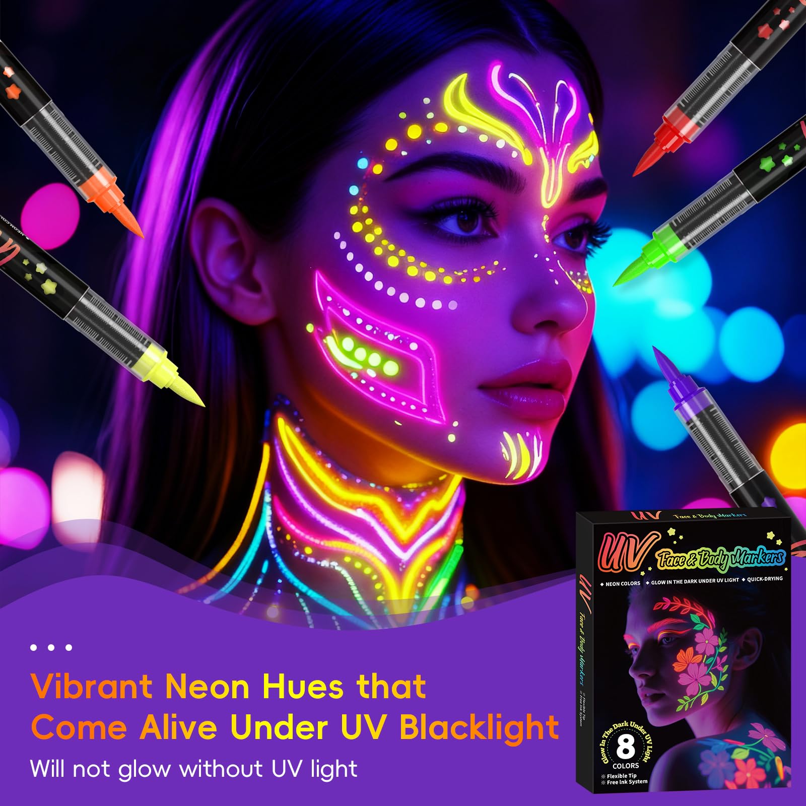Model showing neon festival makeup under blacklight