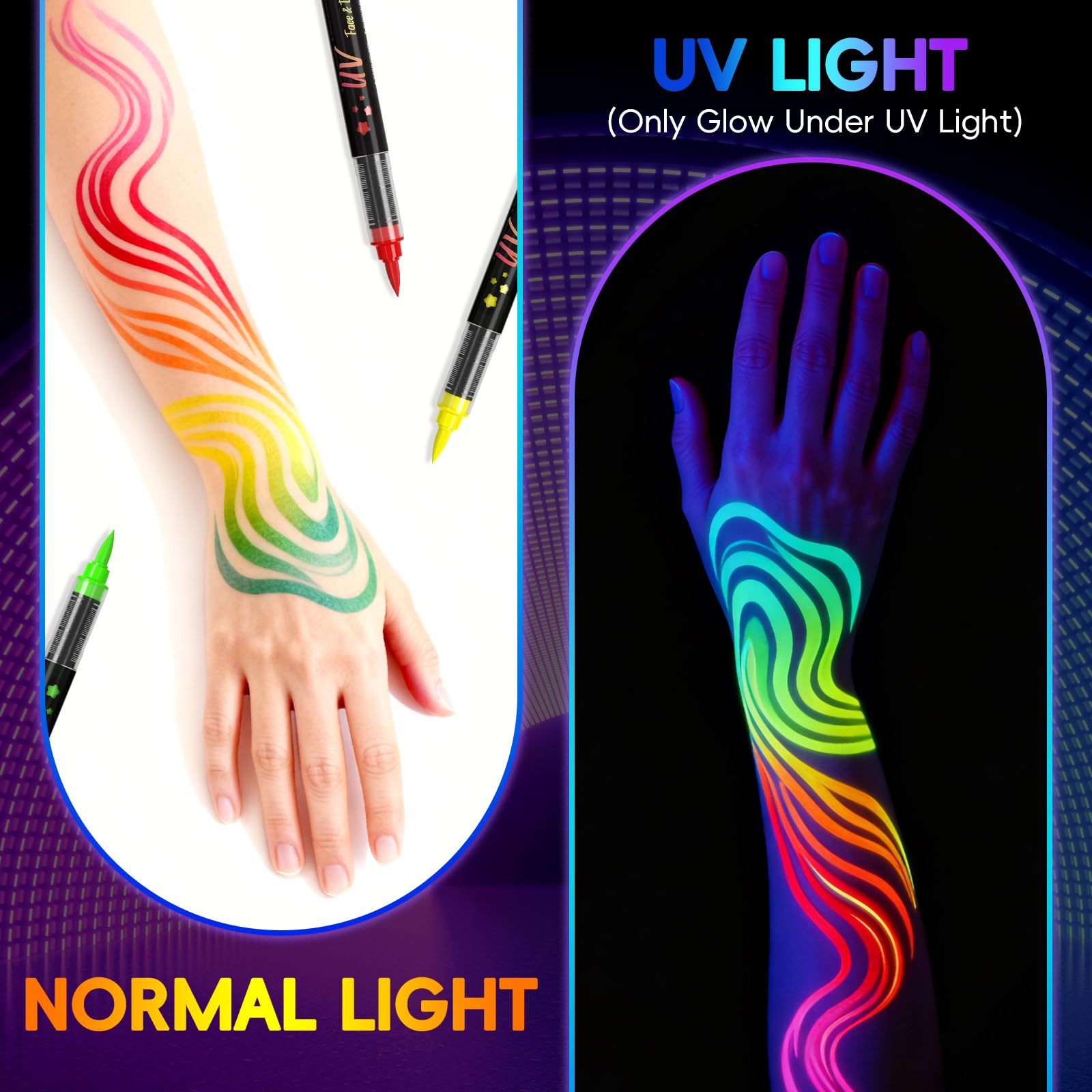 Swatches of Rintushe luminous markers on skin