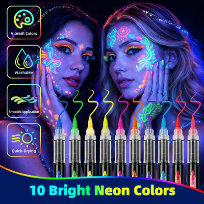 Set of ten neon UV fluorescent body painting pens for festivals