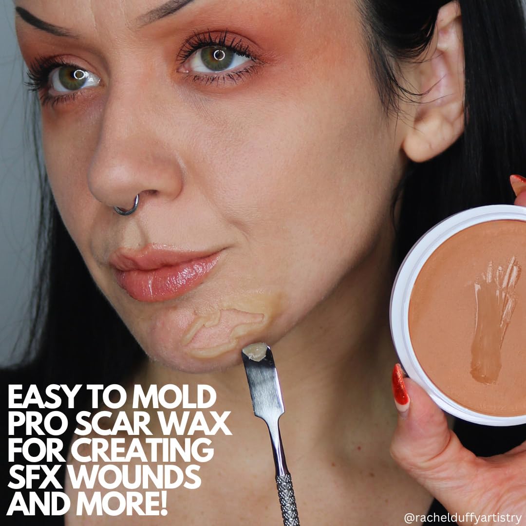 Application tools and spatula alongside Mehron Makeup SynWax container